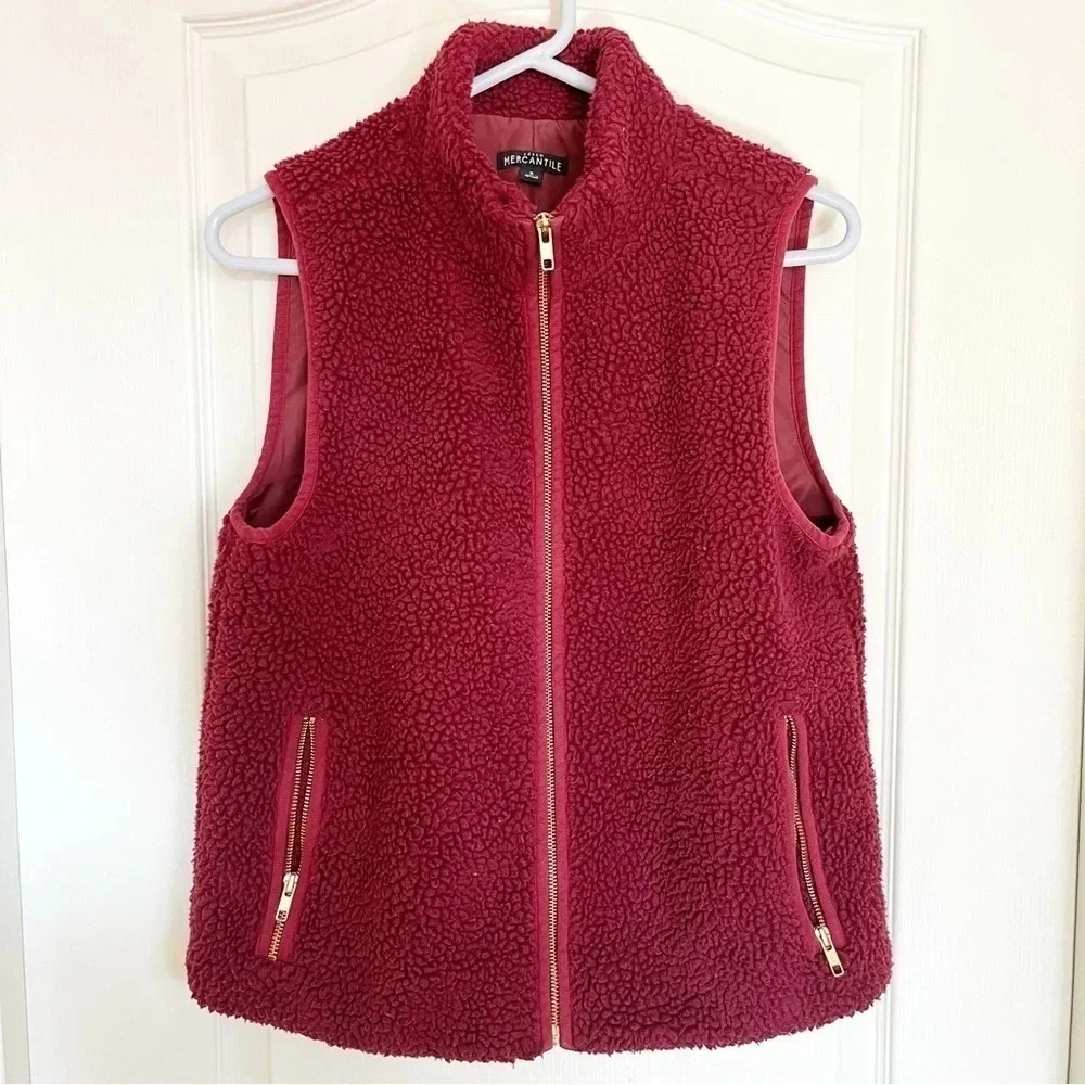 J. Crew Mercantile Cherry Red Fleece Teddy Bear Full Zip Up Vest Size Small